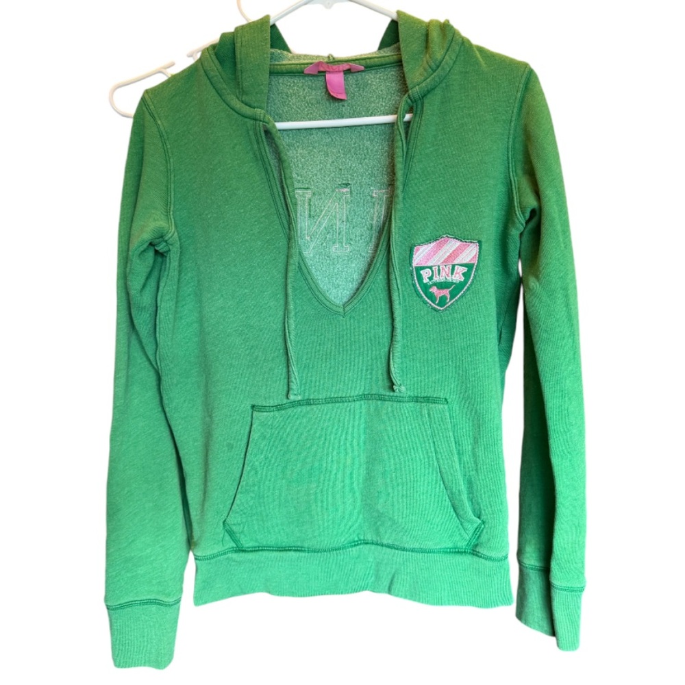 Y2k PINK Victoria’s Secret Pullover Hoodie Kangaroo Pockets VNECK Sweatshirt - Picture 2 of 13